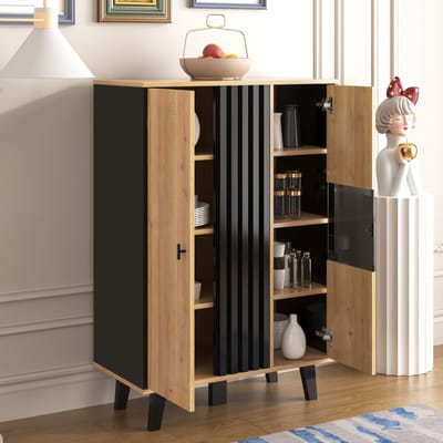 STILVORA Vitrinekast - Zwart-Hout Design Met Glazen Deuren En LED - 2 Deuren Met 3 Planken - Spaanplaat - 80x120x40 cm - Hout+Zwart