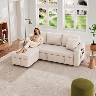 L-vorm slaapsofa met opbergvak en uitwisselbare chaise longue - voor woonkamer en logeerruimte - 3-4 personen - beige - hoge rugleuning - zijvakken - verborgen opbergruimte