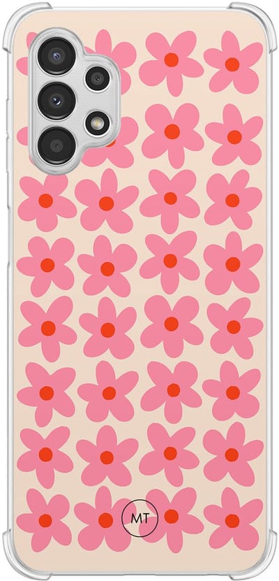 Hoesje (shockproof) geschikt voor Samsung Galaxy A13 4G - Retro Blooms - Extra sterke case - TPU/polycarbonaat - Bloemen - Roze, Transparant