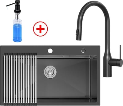 CECIPA Max Spoelbak Keuken 75x45 cm - Spoelbakken Met Uittrekbare Uitloop Keukenkraan en Afdruip en Zeepdispenser 300ML - Enkele spoelbak Met Waterafvoersysteem - Wasbak Keuken Antraciet