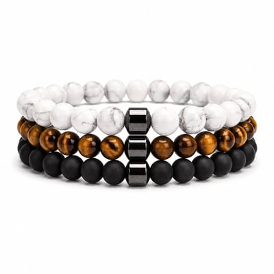 XYZ Goods Armband Heren Set Zwart & Bruin - Onyx, Tijgeroog & Howliet Kralen - 3 stuks - Natuursteen - 19CM