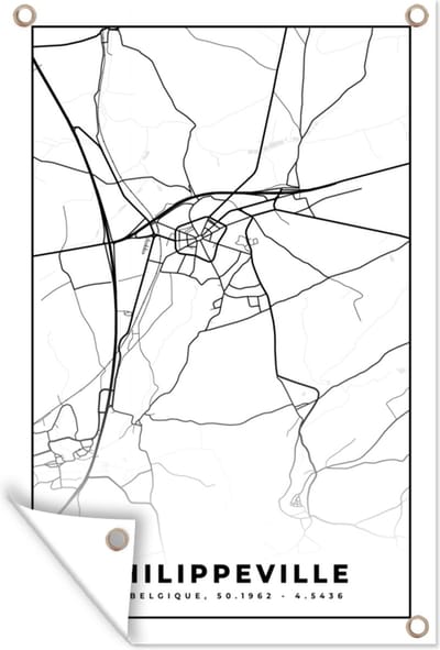 Muurdecoratie Zwart Wit – België – Plattegrond – Stadskaart – Kaart – Philippeville - 120x180 cm - Tuinposter - Tuindoek