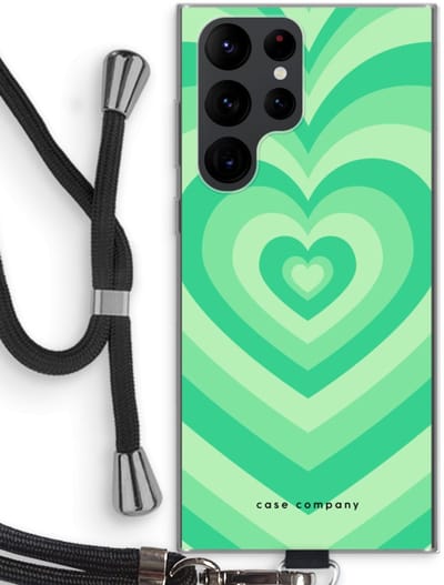 Case Company® - Hoesje met koord geschikt voor Samsung Galaxy S22 Ultra hoesje met Koord - Hart Groen - Telefoonhoesje met Zwart Koord - Bescherming aan alle Kanten en Over de Schermrand