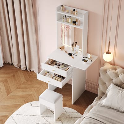 Make-up tafel met LED-verlichting - inclusief 1 kruk - lade - open vakken en opvouwbaar werkblad met opbergruimte - wit - 75x45x156 cm