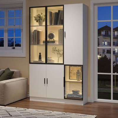 Glasvitrine 120×35×200 cm, glazen kast met 3 deuren, LED-verlichting, aluminium frame glazen deuren, multifunctionele boekenkast en opbergkast – Wit