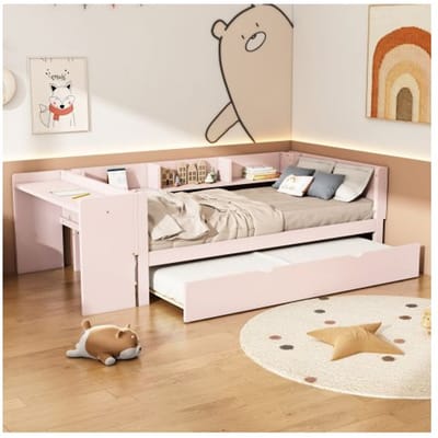 Bed met onderschuifbed - MUVOE - 90x200cm - Roze - Ingebouwd bureau - 3 opbergplanken roze