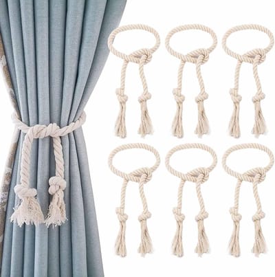Famanu – 6 stuks gordijnhouders voor gordijnen - 75 cm - van gevlochten henneptouw - beige - embrasses met kwast - voor gordijnen - gordijnhouders voor thuis - kantoor - hotelramen