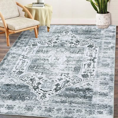 Vintage vloerkleed voor slaapkamer en woonkamer - machinewasbaar, antislip, grijs, 120 x 170 cm