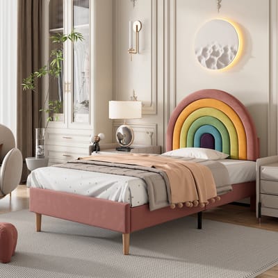 OKWISH Gestoffeerd Bed 90x200 - Eenpersoonsbed Met Lattenbodem Voor Volwassenen En Jongeren - Fluweel - Fuchsia
