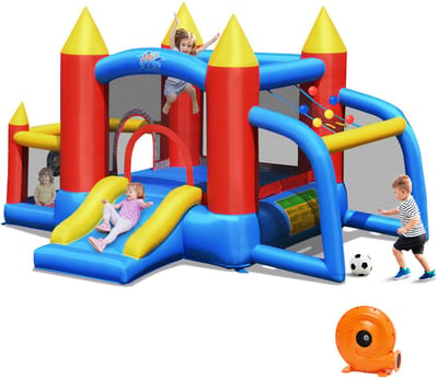 COSTWAY Springkasteel + 450 W blazer, springslot, outdoor bouncer met glijbaan, 60 oceaanballen, voetbaldoel, 2 dartpijlen, draagtas, palen, reparatiepakket 350 x 275 x 196 cm