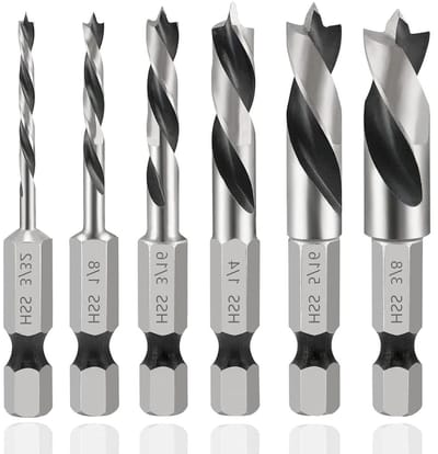 Set van 6 Korte HSS Houtboor Bits voor Hout en Zachte Metalen, Hex Shank en Twist Design