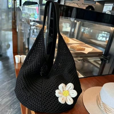Dames zomer strandtas, beige gehaakte strandtas, opvouwbaar en lichtgewicht, bohemian stijl, geschikt voor vakantie, winkelen en dagelijks gebruik,zwart