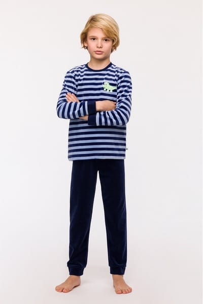 Woody pyjama jongens/heren velours - blauw gestreept - dino - 242-10-PLC-V/929 - maat 152