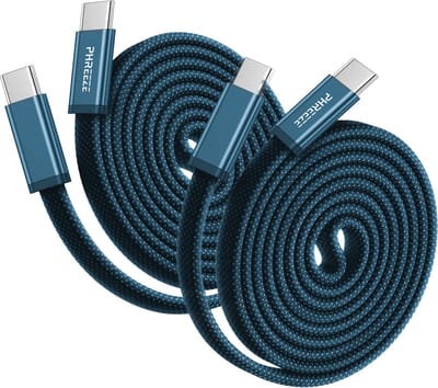 2x Oplaadkabel USB-C 240W 5A Blauw - USB-C Kabel naar USB-C - Nylon Gevlochten - Plat Ontwerp - Lange Levensduur - Snellaadkabel - Datakabel - USB Oplaadkabel voor telefoon, tablet & laptop