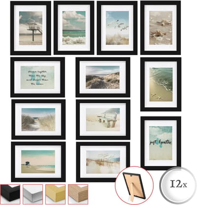 bomoe Ocean Set van 12 Fotolijsten Houten Picture Frames 12 x 13x18cm Fotolijst Zwart van Hout met Kunststof Glas - Metalen Ophanging, Standaard & Passepartout