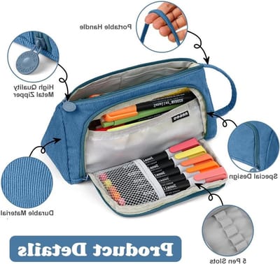 Grote Corduroy Pennenzak met 2 Compartimenten en Handvat voor School en Kantoor, Blauw