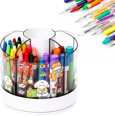 Pennenhouder, draaibaar, 6 vakken, afneembare pennenhouder, bureau, pennenorganizer, draaibaar met stickers, witte pennenkoker, opslag, voor kantoor, thuis, school
