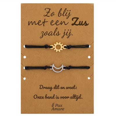 Vriendschapsarmbandjes voor 2 "Zo blij met een zus zoals jij" - Zon & Maan - Sisters Armbandjes met Cadeau Kaartje - Zilverkleurig & Goudkleurig - Elastisch Verstelbaar - Pax Amare