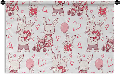 Wandkleed - Wanddoek - Konijnen - Liefde - Patronen - 90x60 cm - Wandtapijt