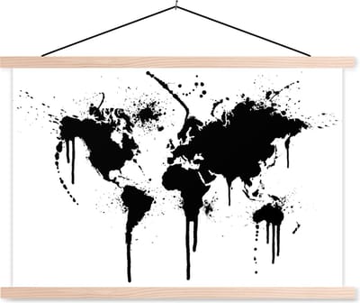 Wereldkaart zwarte inkt schoolplaat platte latten blank 150x100 cm - Foto print op textielposter (wanddecoratie woonkamer/slaapkamer)