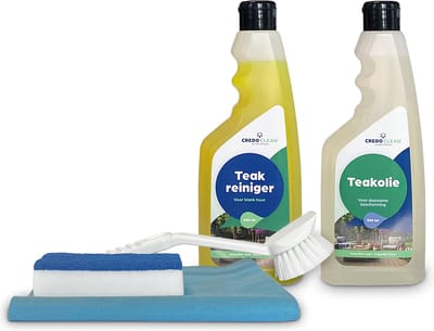 Credo Clean Hout- en Teakreiniger Set – Voor alle soorten Hardhout – Reiniging, Bescherming & Herstel – Incl. doek, borstel & wonderspons – Voor Blank Houten Tuinmeubelen, Vlonders & Houtwerk