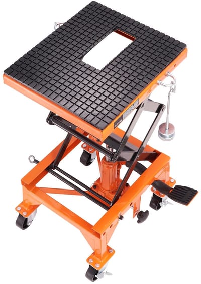 LUMÈ STORE Motorlift Hydraulisch 150KG – Motorfiets Heftafel met Wielen – Schaarkrik Lift – Verstelbare Hoogte 34-90 cm – Antislip Platform – Oranje