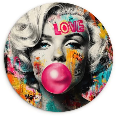 WallCircle® Wandcirkel 120x120 cm - Muurcirkel Vrouw - Kauwgom - Graffiti - Neonkleuren - Muurdecoratie woonkamer - Wanddecoratie slaapkamer - Kamer decoratie accessoires - Ronde schilderijen XXL