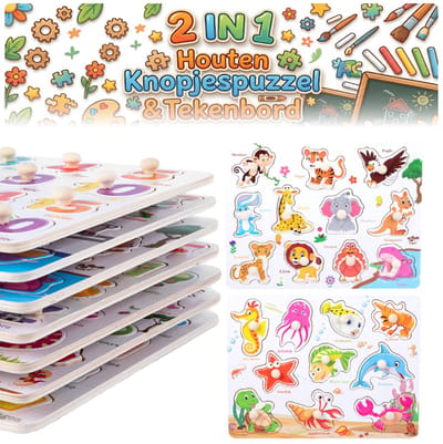 2 Stuks Houten Knoppuzzel - puzzel - Tekenbord voor Peuters - Zeedieren&Wilde dieren - Puzzelbord - Montessori Educatief Speelgoed- Knopjespuzzel - Hand-oog coördinatie- Educatief speelgoed - Peuterspeelgoed