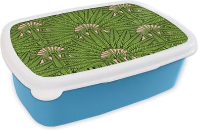 Broodtrommel Blauw - Lunchbox - Brooddoos - Palmblad - Patronen - Jungle - Tropisch - 18x12x6 cm - Kinderen - Jongen