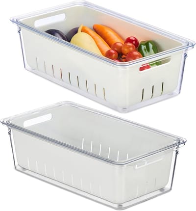 Famanu - Koelkast organizer set van 2, stapelbare transparante bakjes voor groente en fruit, opbergbakjes met deksel koelkast en keuken