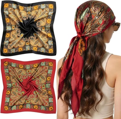 2 Stuks Vrouwen Grote Vierkante Sjaals Kleurvolle Satijnen Hoofddoek Bandana Elegante Zijden Sjaal met Grafische Print Unisex Paisley Neckerdoek, 85 x 90 cm, Mode Accessoire voor Elke Gelegenheid