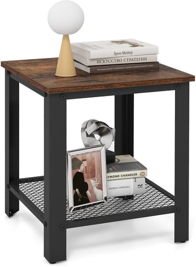 COSTWAY Industriële bijzettafel woonkamer, 2-laags huiseind Smalle tafels Nachtkastje met opbergplank Verstelbare voeten voor kleine ruimtes, Vintage-stijl houten plank, stabiel en stevig metalen frame (Bruin en zwart)