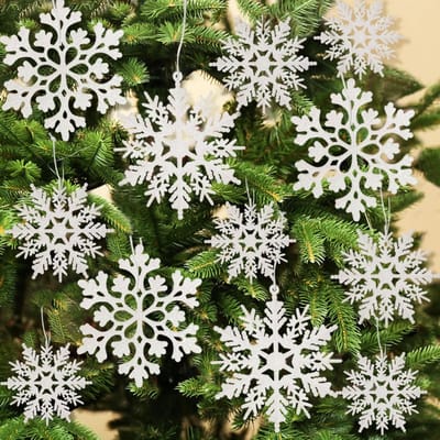 Sneeuwvlokken - Kerstboomversiering - Sneeuwvlokversiering voor in de boom - Plastic glitter witte sneeuwvlokversiering - Kerstdecoratie voor binnen in winterwonderland - 36 stuks - wit