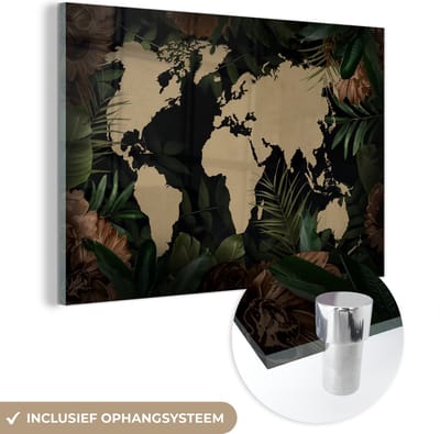 MuchoWow® Glasschilderij 60x40 cm - Schilderij acrylglas - Wereldkaart - Bladeren - Tropische Planten - Foto op glas - Schilderijen