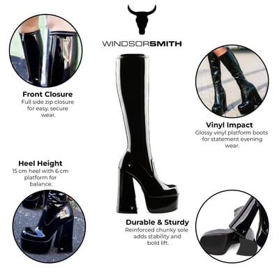 Windsorsmith Dames Zwarte Kniehoge Sokken Platform Goth Hak Laarzen - Saucy