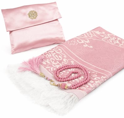 Baraka Treasures Luxe Cadeauset - Gebedskleed Set - Islamitische Giftset - Gebedskleed met Tasbih - Luxe Opbergtas - Eid Cadeau - 105cm x 70cm - Roze
