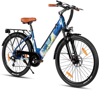 HILAND Starry elektrische stadsfiets - 26 inch - 250W motor - 60 km actieradius - 36V 10,4Ah accu - Shimano 7-versnellingen - Unisex - blauw