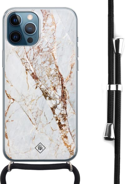 Casimoda® hoesje met koord - Geschikt voor iPhone 12 Pro Max - Marmer Goud - Afneembaar koord - Siliconen/TPU - Goudkleurig