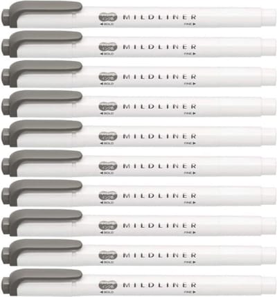 Zebra Mildliner Double-Sided Highlighter - Fine / Bold – Mild Dark Gray Set van 10 + een Luxe Zipperbag - WKT7-MDGR
