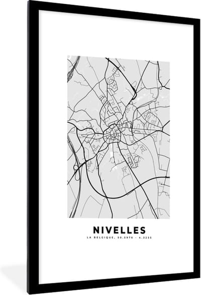 Fotolijst incl. Poster Zwart Wit- Stadskaart – Zwart Wit - Kaart – Nivelles – België – Plattegrond - 60x90 cm - Posterlijst