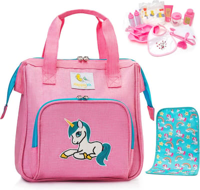 Roze Baby Doll Luiertas met Aankleedkussen en Accessoires - Handtas voor Meisjes met Eenhoorn Borduurwerk