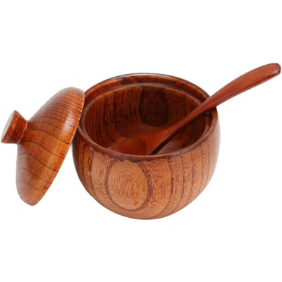 Pot à épices en bois Sucrier Boîte à sel poivre assaisonnements avec cuillère et couvercle Outil de cuisine brown