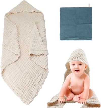 Baby Bad Poncho met Kap van 100% Muslin Katoen, 80 x 80 cm, Zacht en Ademend, Unisex, 2 Stuks, Ideaal voor Kinderen