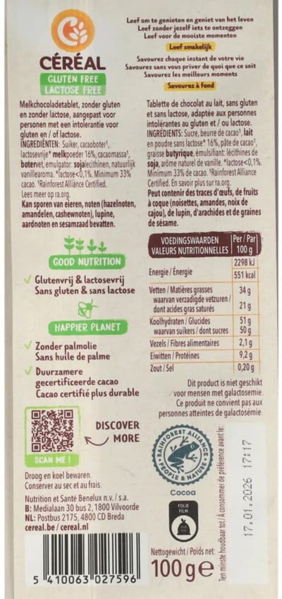 Céréal Melkchocolade Tablet Glutenvrij en Lactosevrij - 3 x 100 gr - Voordeelverpakking