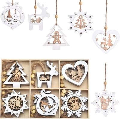 24 Stuks Houten Kerstboomdecoratie - DIY Versieringen, Houten Sterren en Sneeuwmannen voor een Feestelijke Kerstsfeer