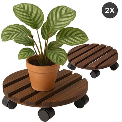 Cheqo® Houten Plantentrolley Met Wieltjes 2 Stuks - Plantenroller ø 30 cm - Trolley voor Planten - Plantenkar - Plantenroller - Planten Trolley - Plantenstandaard