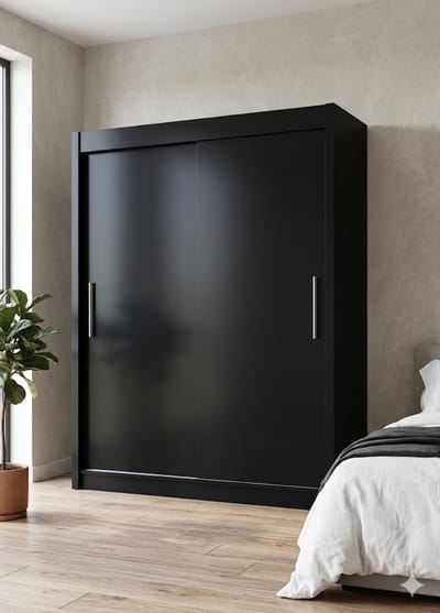Kledingkast met schuifdeuren 120x58x200 cm met 5 legplanken en kledingstang, compacte garderobekast zonder spiegel, moderne slaapkamerkast zwart – Vermissen