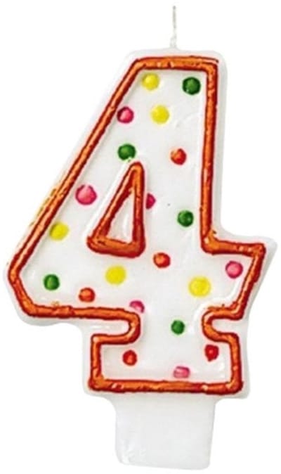 Cijfer 4 cakekaars kleurrijke stippen rood 7,6cm