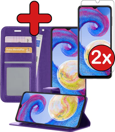 Hoesje - Met 2x Screenprotector - Geschikt voor Samsung Galaxy A04s - Luxe Pasjeshouder - Flip Case - Bookcase Portemonee - Kunstleer Book Case - Flipcase Hoes - Book Cover - Walletcase - Portemonneehoes - Telefoonhoes - Paars