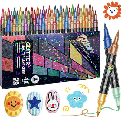 96 kleuren glitter verfstiften- 48 Pack Dual Tip Duo Paint Pennen- Acrylstiften-inkt op waterbasis glitter pennen voor kaarten maken-kleuren, doe-het-zelf knutselen, kunstbenodigdheden- Glitter Stiften - Voor Kinderen en Volwassenen
